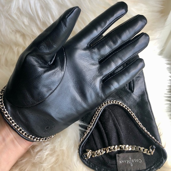 Cole Haan black leather and chain gloves - Picture 3 of 4